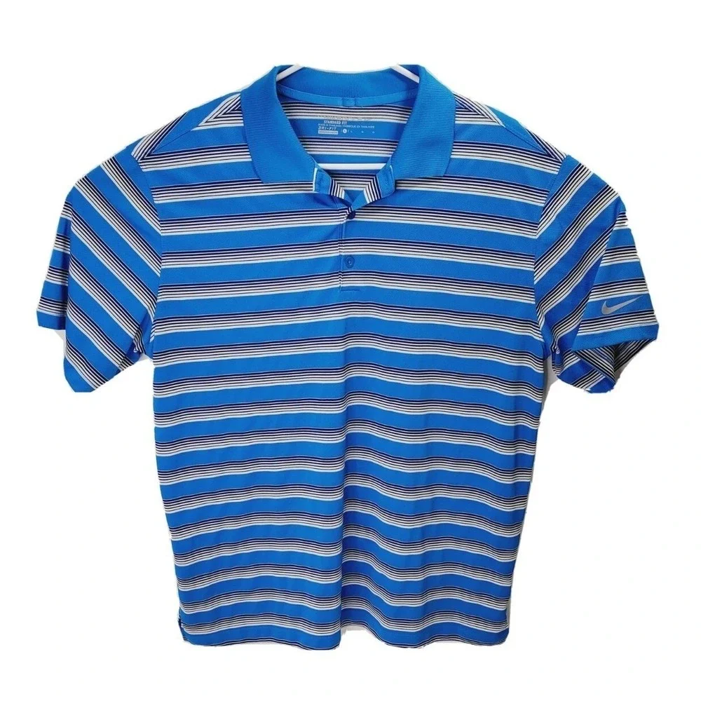 Nike Golf Dri-FIT Mens Large Blue White Striped Short Sleeve Polo Shirt L 677